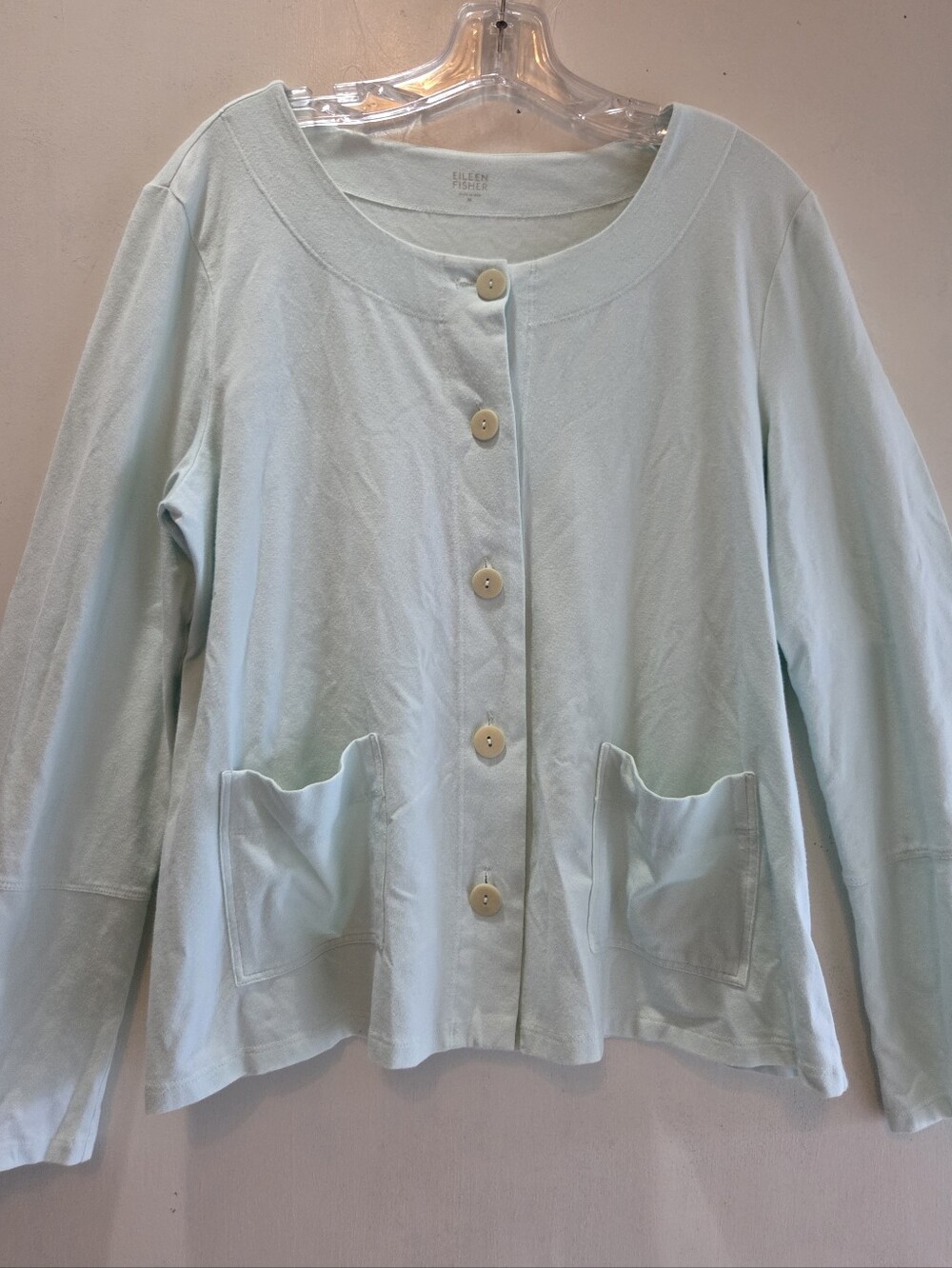 Eileen Fisher Light Mint Sky Blue Button-Front Medium EUC Cardigan with Pockets